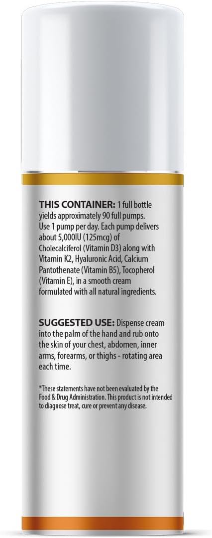 AnuMed Vitamin D3 K2 5,000 IU Cream with Magnesium, Hyaluronic Acid, Vitamin E. Best Moisturizer for Dry Skin. Promotes The Immune System, Strong Bones, Muscles, and Joints (Packaging May Vary) (3oz)