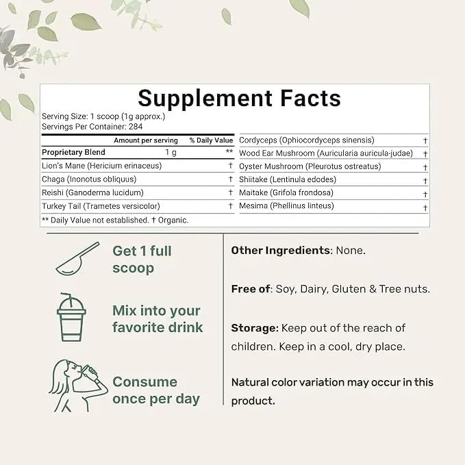 Organic Mega Mushroom Powder 10-in-1, 10oz – Lion’s Mane, Reishi, Shiitake, Cordyceps & More – Immune Boost, Energy, Brain Support – Non-GMO, Vegan, Gluten-Free Superfood Supplement