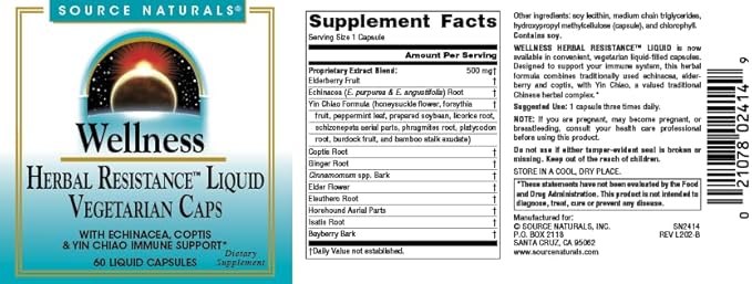 Source Naturals Wellness Herbal Resistance, Echinacea, Coptis & Yin Chiao Immune Support *- 60 Capsules
