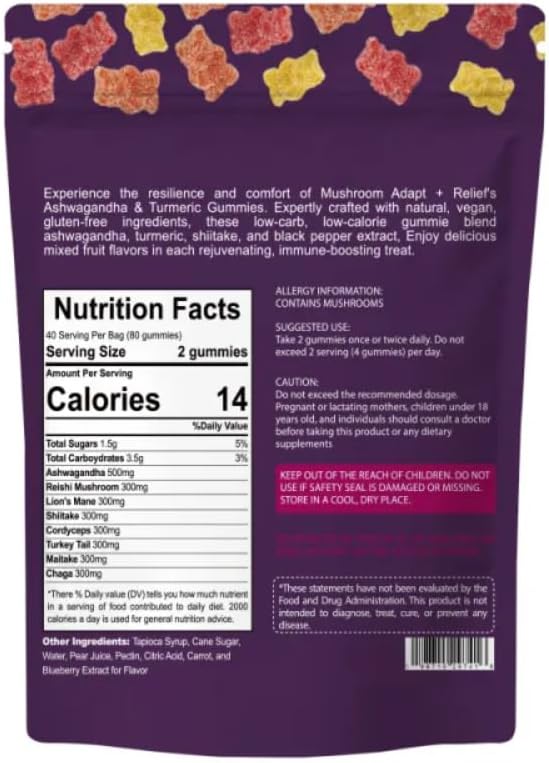 Organic & Functional Mushroom Gummies Supplement ASHWAGANDHA,REISHI,Turkey Tail MAITAKE, SHATAKE Chaga CORDYCEPS BOOSTS Cognitive,Performance Gluten Free,Vegan Low CARB,GUMMIES80