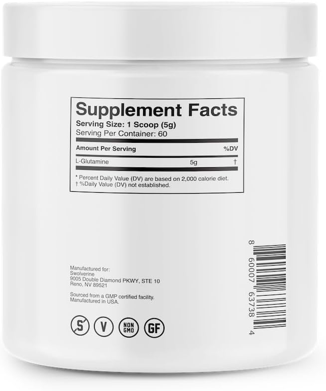 Swolverine L-Glutamine | Reduces Exercise Induced Muscle Soreness, Improves Recovery, Enhances Gut Health, Supports Immune Health, Vegan, Non-GMO, GF, 5g Per Serving, (Unflavored, 60 Servings)