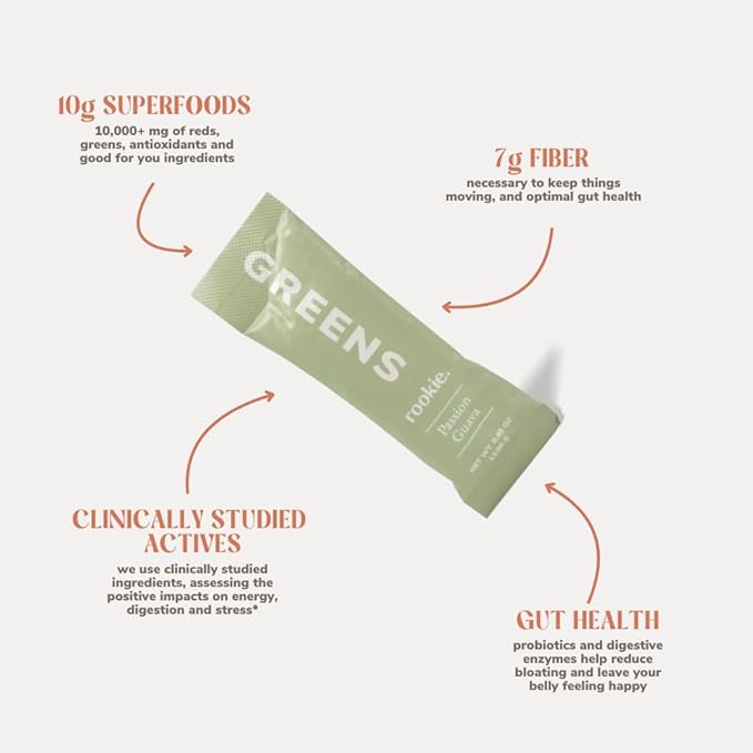 Natural Greens Supplements Superfood Powder Drink by Rookie Wellness, Gut Support Digestive Enzyme, Improve Mood, Immune Support, Peach Mango Greens Powder (30 Serving Bag)