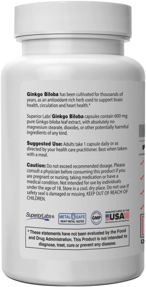 SuperiorLabs - Ginkgo Biloba - 1200mg, 120 Vegetable Capsules - Added Black Pepper for Optimal Absorption - Supports Brain and Heart Health - Memory & Concentration - Circulation Support