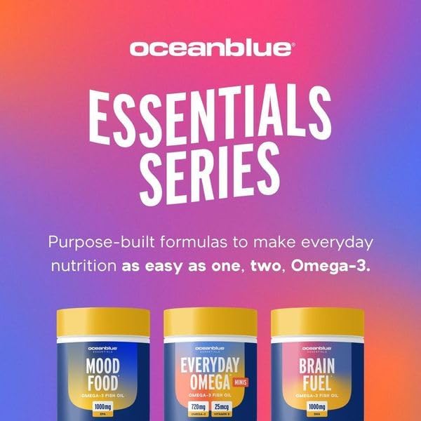 Oceanblue Essentials Everyday Omega Minis – 180ct – Burpless Fish Oil with Vitamin D3 – for Heart and Immune Support – Easy to Swallow Mini Softgels – Tasty Orange Flavor – 3 Month Supply
