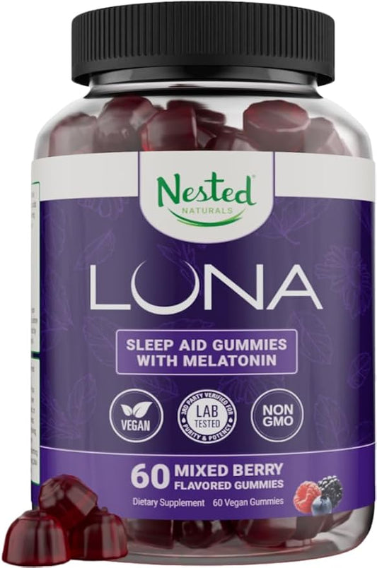 Nested Naturals Luna Sleep Gummies - Non-Habit Forming Melatonin Gummies 3mg with L-Theanine, Valerian Root, GABA, and Lemon Balm - Sleep Gummies for Adults - Mixed Berry, 60 Vegan Gummies