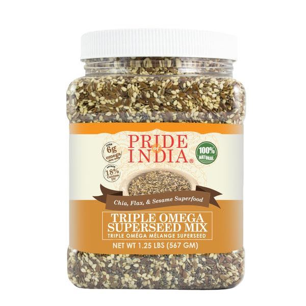 Pride Of India - PACK of 6 - Triple Omega Superseed Mix - Protein, Fiber, Calcium, Iron, Omega-3, Omega-6, & Thiamin Rich Superfood w/Chia Flax & Sesame Seeds, 1.25 Pound (20oz) Jar