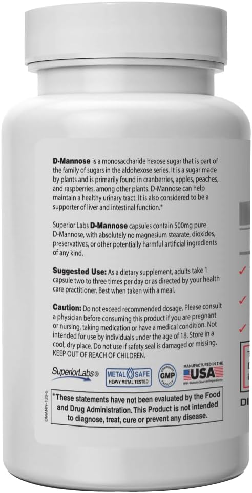 Superior Labs – Best D-Mannose NonGMO Dietary Supplement – 500mg, 120 Vegetable Capsules – Powerful Prebiotic – Boosts Urinary Tract Health – Supports Digestive Health & Liver Function