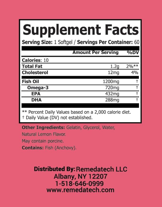 Omega-3 Fish Oil High in DHA & EPA, 1200 mg Omega-3, Ultra Potent, Promotes Heart & Brain Health, Natural Lemon Flavour, 60 Softgels