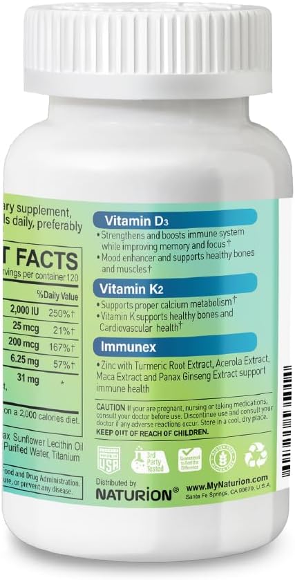 D3+K2 IMMUNEX – Vitamin D3 2000 IU, K1 25 mcg, K2 200 mcg, Zinc 6.25 mg, DK Blend 31 mg – Supports Immune Health, Calcium Metabolism, Bone & Muscle Function – 120 Softgels, 120-Day Supply