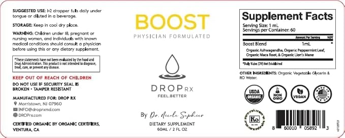DropRx Boost by Dr. Nicole Saphier – Maca Root, Ashwagandha, Lions Mane & Peppermint Leaf Extract for Vitality Support, Non-GMO, Vegan, Gluten-Free, Kosher, Made in USA (2 Fl Oz)