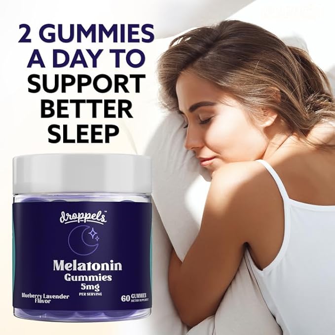 Droppels Melatonin Gummies, 5mg – Plant-Based, Vegan Melatonin 5mg for Natural Sleep Support with Chamomile Extract, 60 Count, Blueberry Flavor (1-Month Supply)
