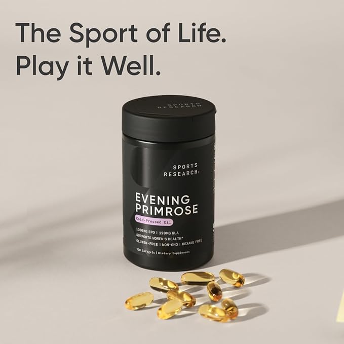 Sports Research Evening Primrose Oil (1300mg) Cold-Pressed with No fillers or Artificial Ingredients, Non-GMO Tested - Gluten and Soy Free (120 Liquid Softgels)