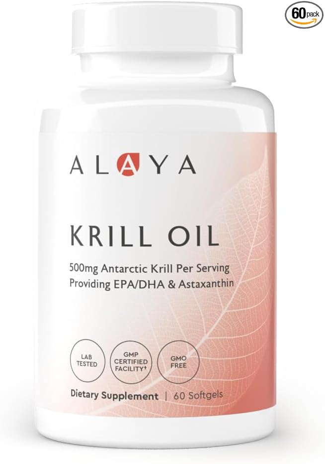 Alaya Naturals - Antarctic Krill Oil 500mg Supplement with Phospholipids, EPA/DHA Omega 3 & Astaxanthin - Non-GMO - PCB Tested Krill Oil - 60 Softgels