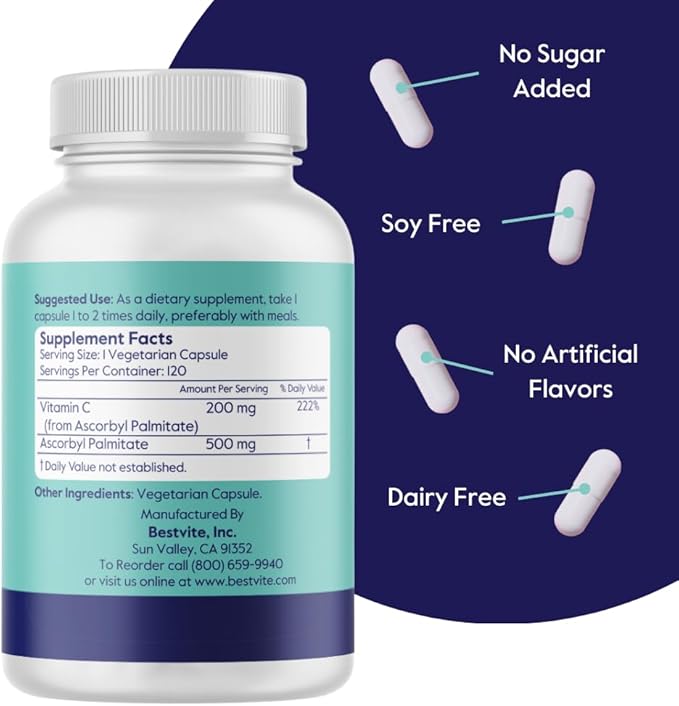 BESTVITE Ascorbyl Palmitate 500mg (120 Vegetarian Capsules) - No Stearates - No Fillers - No Flow Agents