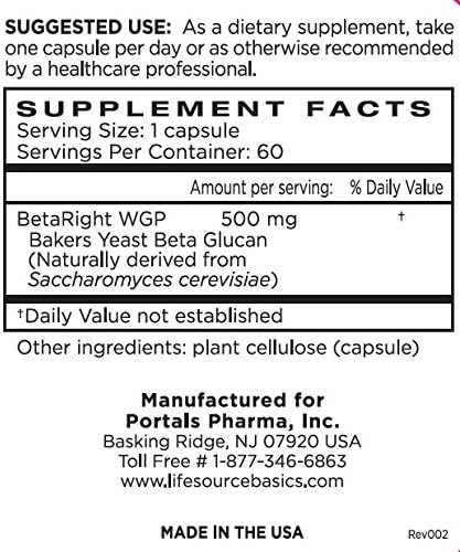 Life Source Basics Immune System Support Activator - High Purity Beta 1,3/1,6 Glucan - Immunity and Vitamin Supplement Non-GMO & Vegan Friendly for Men & Women, Gluten-Free 500 mg - 60 Capsules