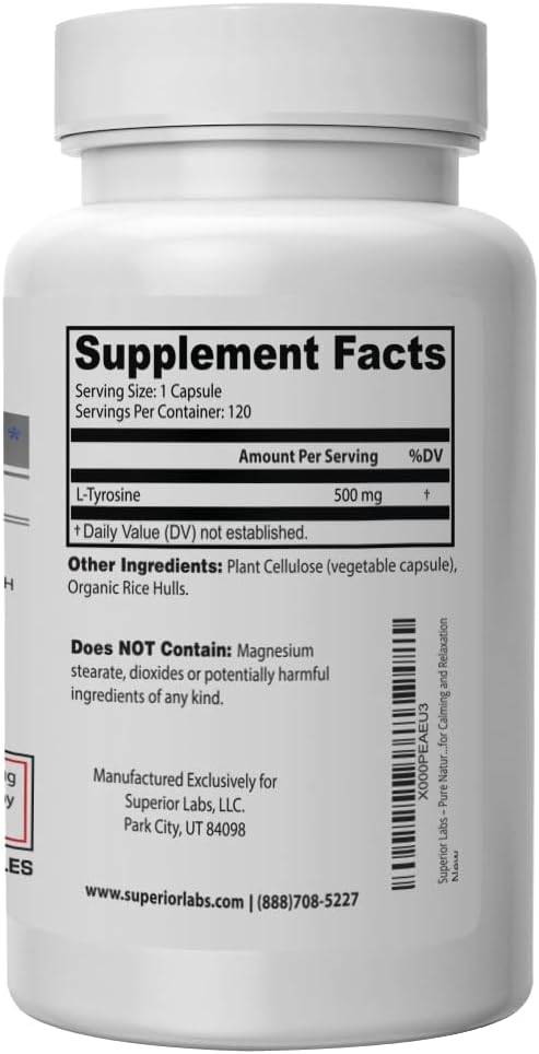 Superior Labs – Pure Natural L-Tyrosine NonGMO – 500 mg, 120 Vegetable Capsules – Supports Mental Clarity – Promotes Alertness – Boosts Energy – Dietary Supplement for Calming and Relaxation