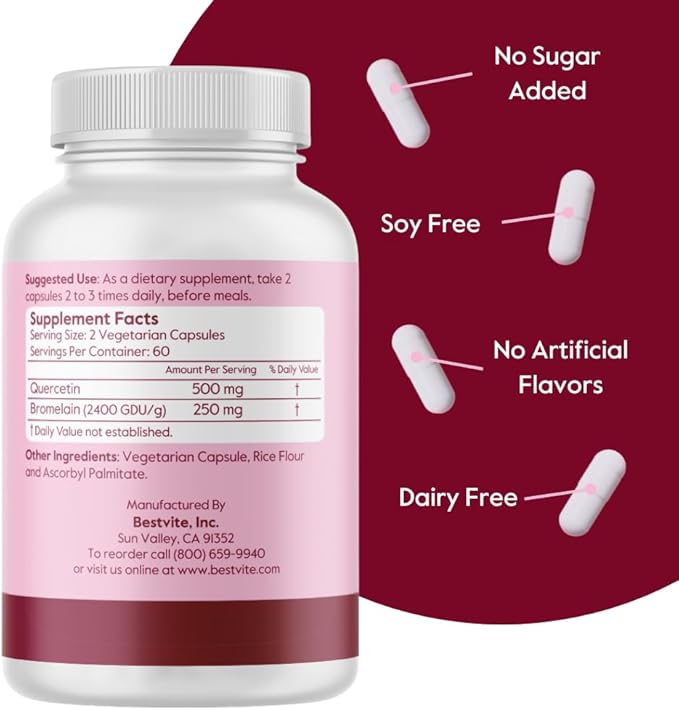 BESTVITE Quercetin with Bromelain 500mg/250mg (120 Vegetarian Capsules) - No Stearates - No Silicon Dioxide - Vegan - Non GMO - Gluten Free