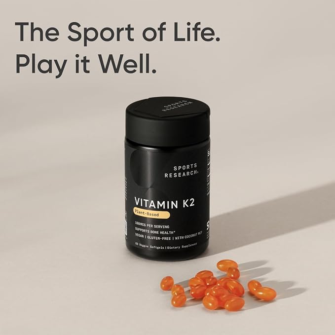 Sports Research Vitamin K2 as MK7 with Organic Coconut MCT Oil | Non-GMO Verified, Vegan Certified (60 Veggie-Softgels)