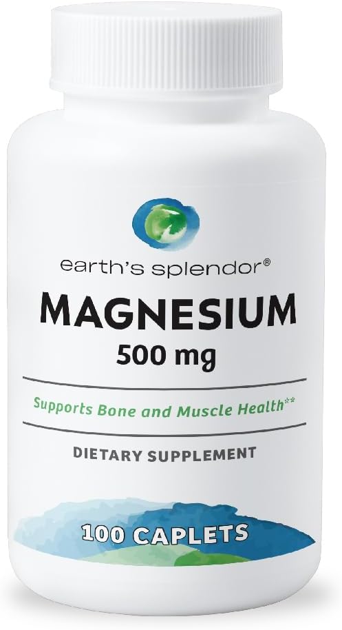 Earth's Splendor Bone & Muscle Dietary Magnesium Supplement for Men & Women, No Artificial Preservative or Flavor, Supports Bone & Muscle Health, Wheat Free (500mg, 100 Caplets)