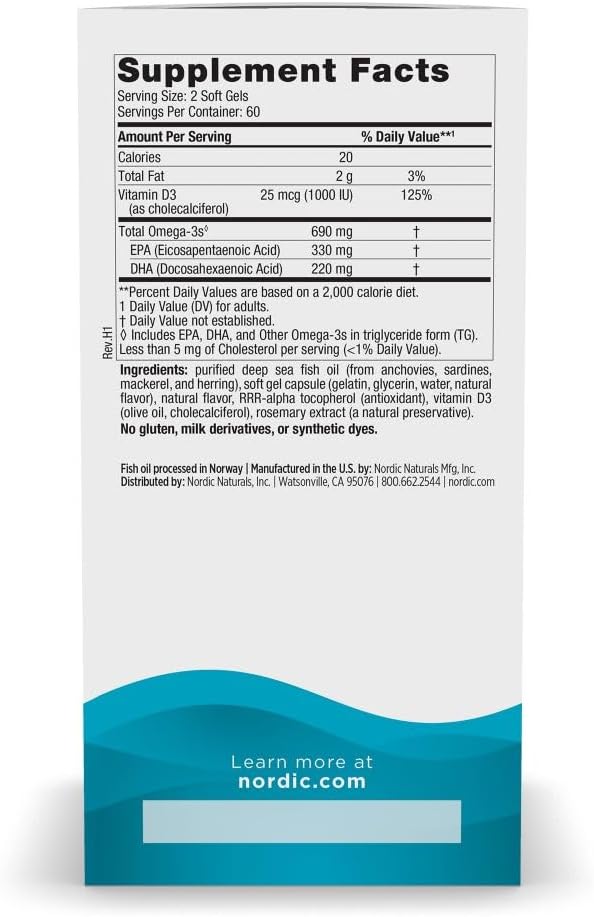 Nordic Naturals Omega-3D, Lemon Flavor - 120 Soft Gels - 690 mg Omega-3 + 1000 IU Vitamin D3 - Fish Oil - EPA & DHA - Immune Support, Brain & Heart Health, Healthy Bones - Non-GMO - 60 Servings