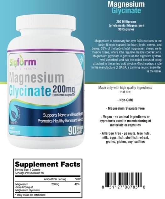 Magnesium Glycinate Capsules (200mg per Capsule, 90 Count) Made in USA