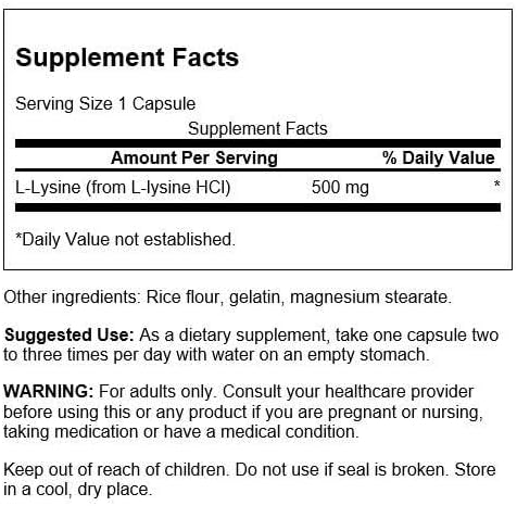 Swanson Amino Acid Free-Form L-Lysine 500 Milligrams 100 Capsules