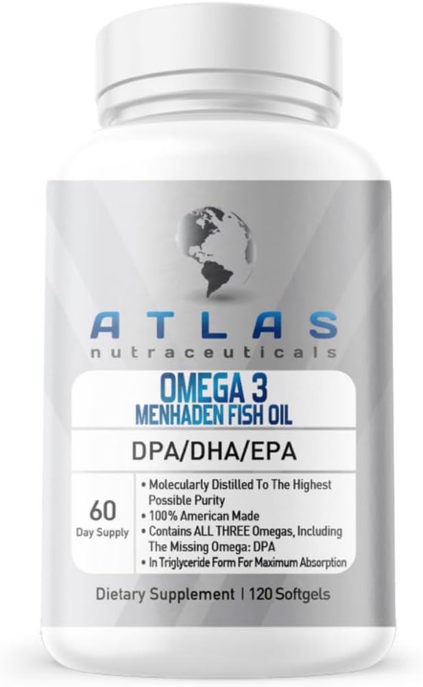Atlas Nutraceuticals-Atlantic Caught Menhaden Fish Oil-Lab Tested-Omega 3-2400mg, Burpless, Made in The USA, DPA/DHA/EPA-120 Softgels