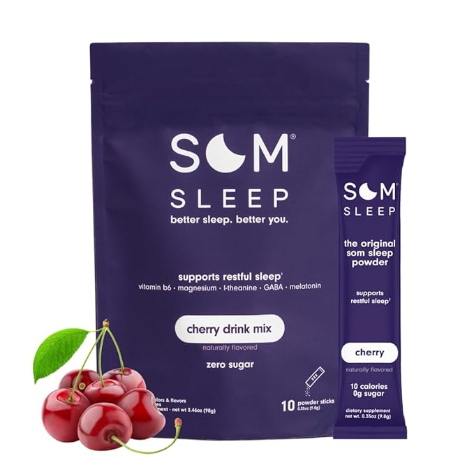 Som Sleep, Restful Sleep Powder Drink Mix w/Melatonin, Magnesium, Vitamin B6, L-Theanine & GABA – Vegan, Zero Sugar, Keto Friendly – Cherry, 10-Pack