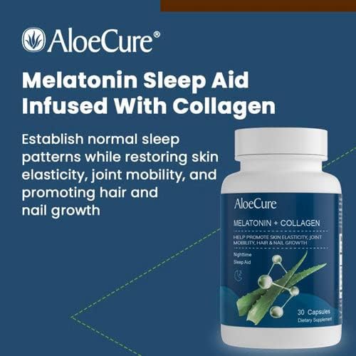 AloeCure Natural Melatonin + Collagen with Organic Aloe Vera - Natural Sleep Aid Supplement for Restful Nights - Collagen Complex for Joint Strength, Skin Elasticity, Hair & Nail Growth, 30 Capsules
