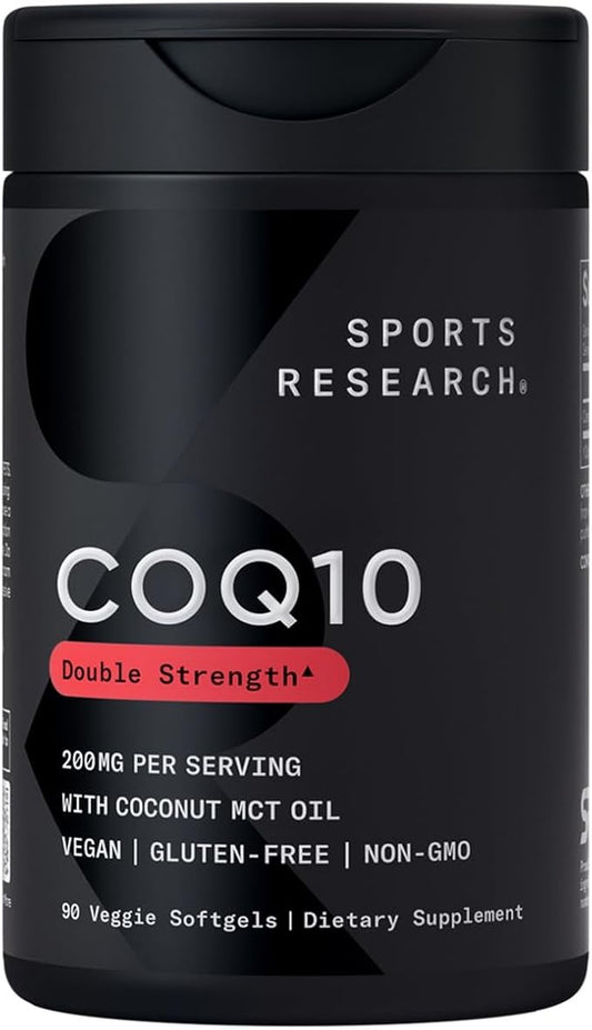 Sports Research CoQ10 200mg Capsules - Premium Coenzyme 10 Supplement with Coconut MCT Oil - Vegan Certified, Non-GMO Verified & Gluten Free - 90 Veggie Softgels
