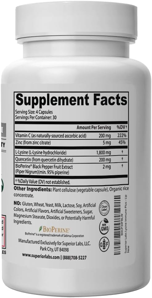 Superior Labs Lysine Immune Plus - Lip. Clinically Proven Lip Health & Support. L-Lysine Bound to HCI for Optimal Stability & Absorption for Fast Results. Bioactive with Zero Harmful Additives