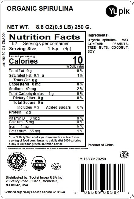 Yupik Organic Spirulina Superfood, 8.8 Ounce, Non-GMO, Vegan, Gluten-Free