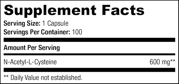 N-Acetyl-L-Cysteine (NAC), Immune, Respiratory, Liver Health, NAC 600 mg, Potent antioxidant Support, Free-radicals, Easy to Absorb, 100 Capsules