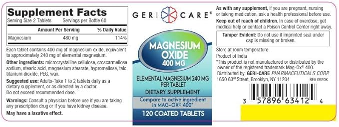 GeriCare Magnesium Oxide Supplement 240 mg - Elemental Magnesium, 120 Coated Tablets – Essential Mineral Support - Promotes Vascular Health, Bone Strength, and Muscle Function (Pack of 6)