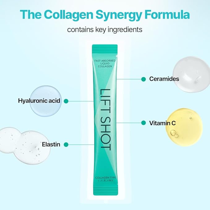 Liquid Collgen for Women, SuperCollagen Lift Shot - Premium Multi Collagens Peptides Type I, II, III, V, X 1500mg with Hyaluronic, Vitamin C, Third Party Certified, High Absorption