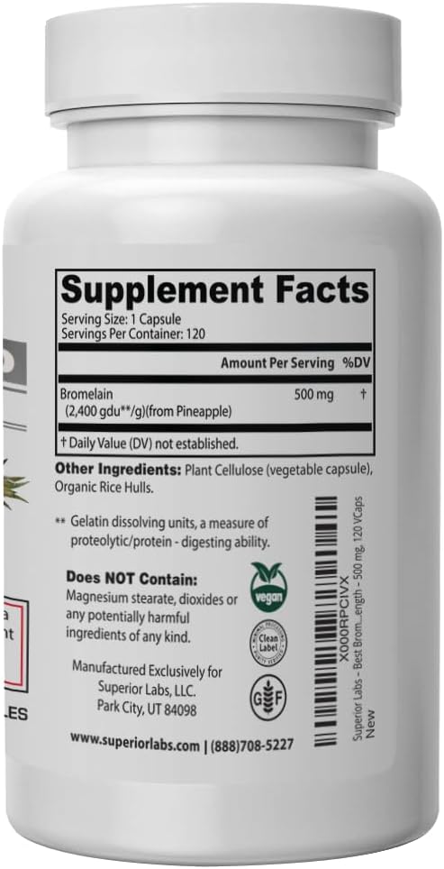 Superior Labs – Bromelain 500mg Supplement – Non GMO, Bromelain Enzyme – 2,400 GDU/Gram – Supports Healthy Digestion – 120 Vcaps