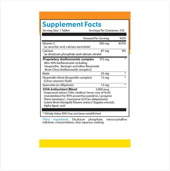 Organic Vitamin C with Bioflavonoids 500mg, Buffered Vitamin C 500mg Tablets, Immune System Booster Vitamins and Supplements with Citrus Bioflavonoids, Antioxidant Supplement, 90 Tablets