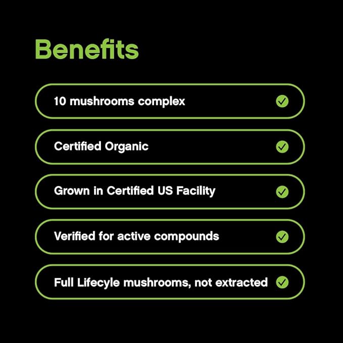 Mushroom Complex Supplement | 60 Organic Capsules | 10-in-1 Blend | with Lion’s Mane, Chaga, Turkey Tail, Cordyceps, Maitake, Shiitake, Reishi, & More | Grown in a Certified US Facility