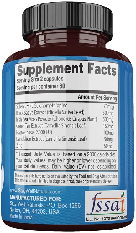 Spike Support Supplement, Nattokinase, Dandelion Root, Irish Sea Moss, Selenium, Black Seed- Natural Immunity Booster | Vegan, Non-GMO, Gluten-Free, 60 Day Supply, 120ct
