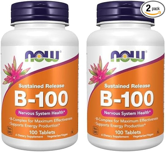 NOW Supplements, Vitamin B-100, Sustained Release, Energy Production*, Nervous System Health*, 100 Tablets (Pack of 2)