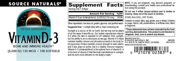 Source Naturals Vitamin D-3 5000 iu Supports Bone & Immune Health* - 100 Softgels