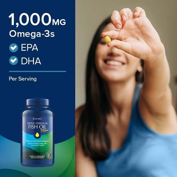 GNC Triple Strength Fish Oil Mini Omega 3 Supplement, 1000mg EPA and DHA, Supports Heart, Brain, Skin, Eye and Joint Health, 240 Mini Softgels