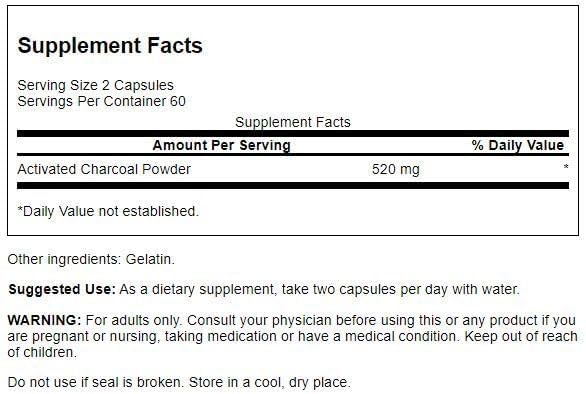 Swanson Activated Charcoal - Natural Supplement Supporting Healthy Absorption - Helps w/Bloating & Maintaining Bowel Regularity - (120 Capsules, 520mg per Serving)
