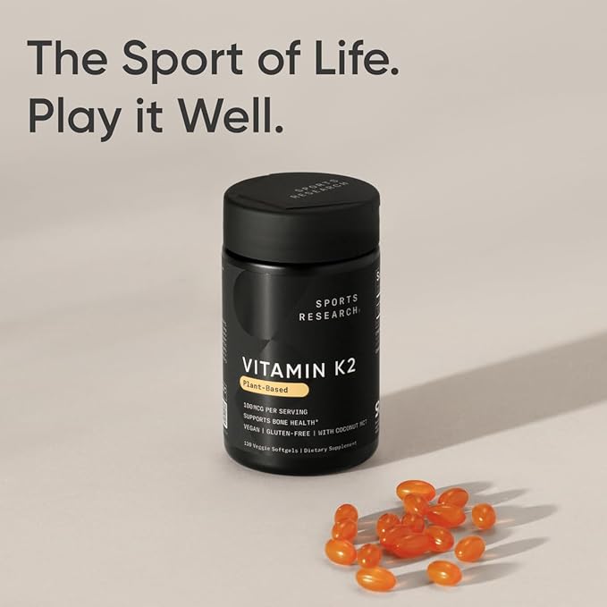 Sports Research® Vitamin K2 as MK-7 100mcg with Coconut MCT Oil - 120 Veggie Softgels (4 Month Supply) Vegan Certified, Non-GMO Verified, Gluten & Soy Free