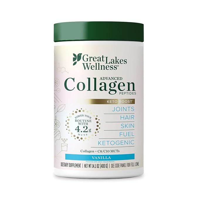Great Lakes Wellness Keto Boost Advanced Collagen Peptides Powder with 4.2g MCTs - Vanilla Flavored - Nutritiously-Rich Non-Dairy Coffee Creamer or Smoothie Alt - Non-GMO, Kosher - 14.1 oz
