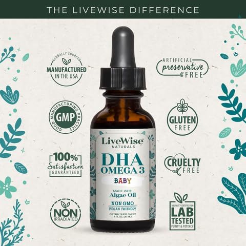 LiveWise Naturals DHA Omega-3 Liquid Drops, Suppplement for Infants and Toddlers, Vegan-Friendly, Great-Tasting Omega-3 Supplement with Pure Orange Oil, Promotes Healthy Brain, Eyes, and Body Defense