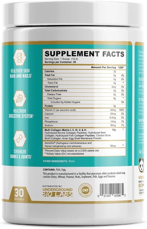 Panda Supps Hydrolyzed, Grass-Fed, Multi Collagen Peptides (Types I, II, III, V, and X) (30 Servings, Unflavored)