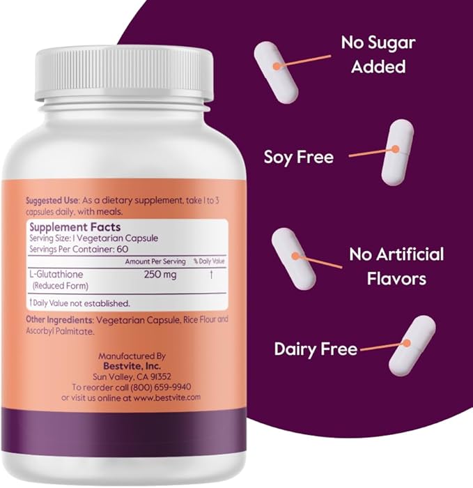 BESTVITE L-Glutathione 250mg (60 Vegetarian Capsules) - No Stearates - Vegan - Non GMO - Gluten Free