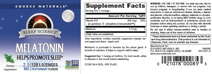 Source Naturals Sleep Science Melatonin 2.5mg Sleep Support Peppermint Flavor That Promotes Restful Sleep and Relaxation - Supports Natural Sleep/Wake Patterns and Rhythms - 120 Lozenges