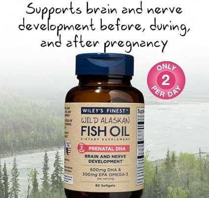 Wiley's Finest Wild Alaskan Fish Oil Prenatal DHA - 900mg EPA and DHA Omega-3s for Pregnant Women and Nursing Mothers - 60 Softgels (30 Prenatal Vitamin Servings)